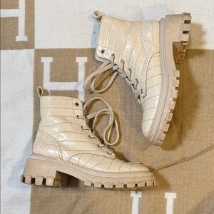 Schultz Cream Croc-Embossed Combat Boots